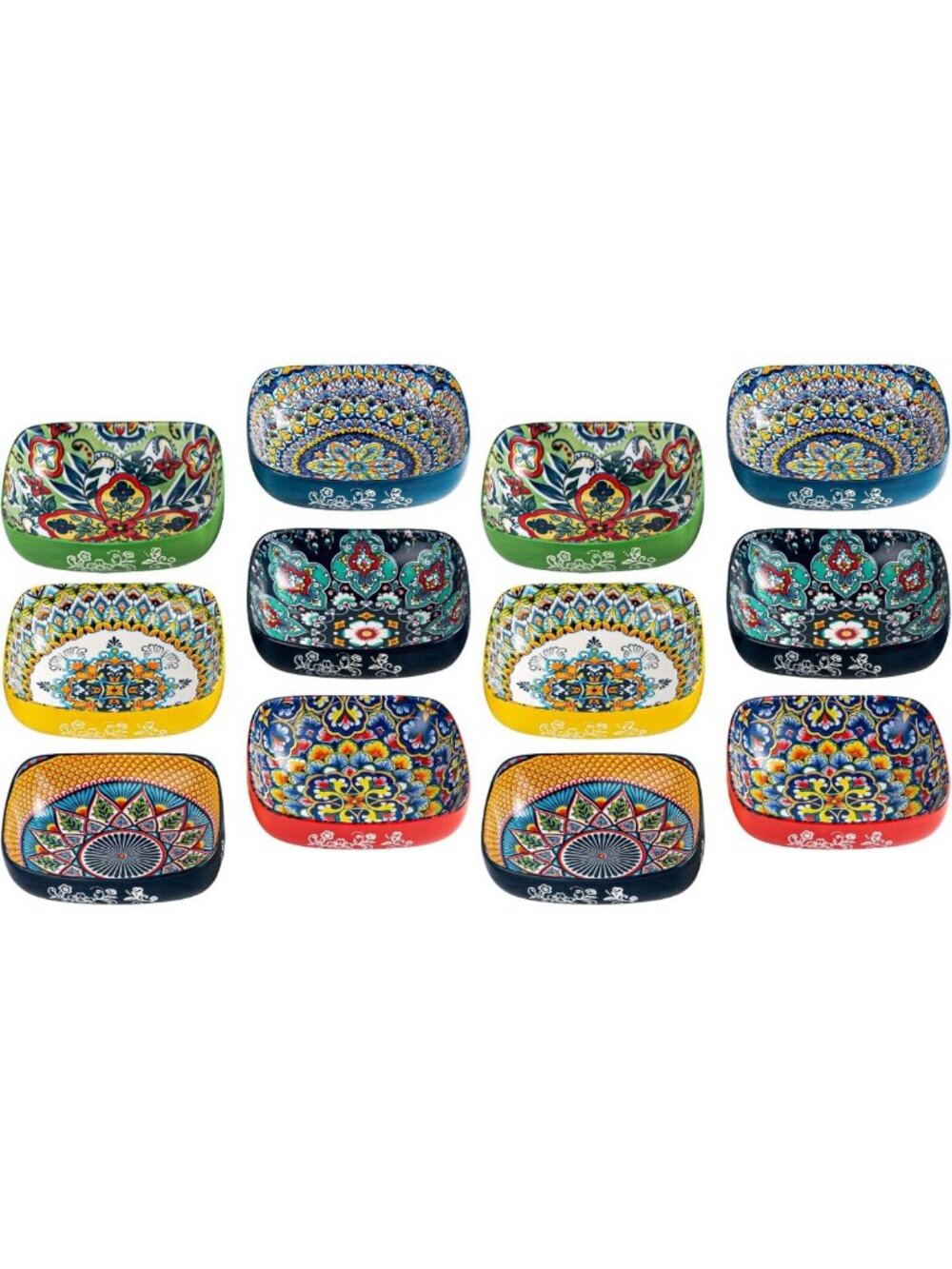 Colorful Boho Ceramic Square Bowls Set of 6 - 20 oz Appetizer Plates, Microwave